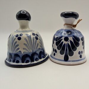 Mexican Talavera Pottery Bells Blue White Hand Painted Floral Set of 2 Signed
